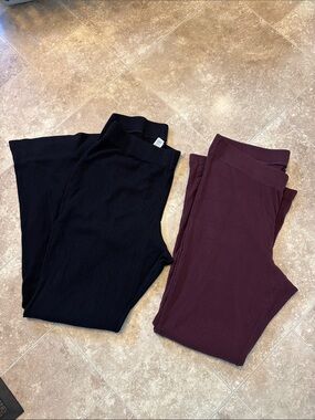Ribbed High-Waist Wide-Leg Pants — Black and Deep Burgundy